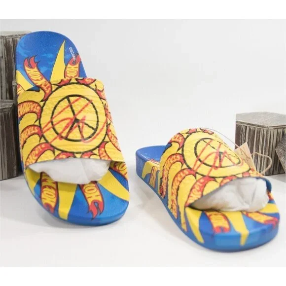 Adidas x Hot Wheels Blue Yellow Logo Monogram Pool Slides Shoes Mens 11 NIB - Picture 2 of 12